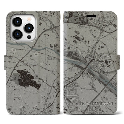 【二子玉川（東京都）】地図柄iPhoneケース（手帳タイプ）モノトーン・iPhone 13 Pro 用