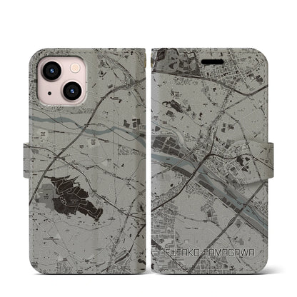 【二子玉川（東京都）】地図柄iPhoneケース（手帳タイプ）モノトーン・iPhone 13 mini 用