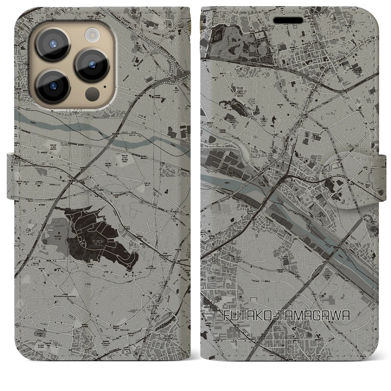 【二子玉川】地図柄iPhoneケース（手帳両面タイプ・モノトーン）iPhone 14 Pro Max 用
