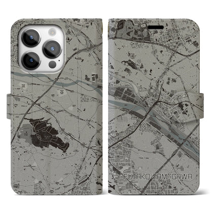 【二子玉川（東京都）】地図柄iPhoneケース（手帳タイプ）モノトーン・iPhone 14 Pro 用