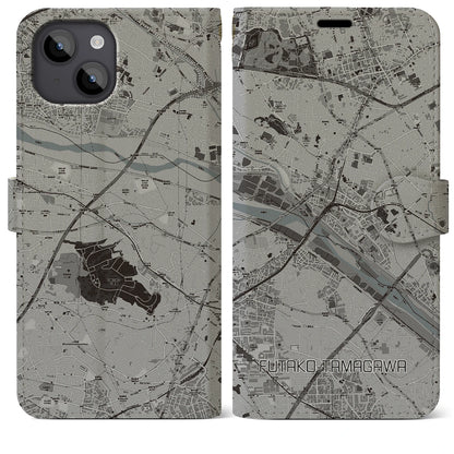 【二子玉川（東京都）】地図柄iPhoneケース（手帳タイプ）モノトーン・iPhone 14 Plus 用