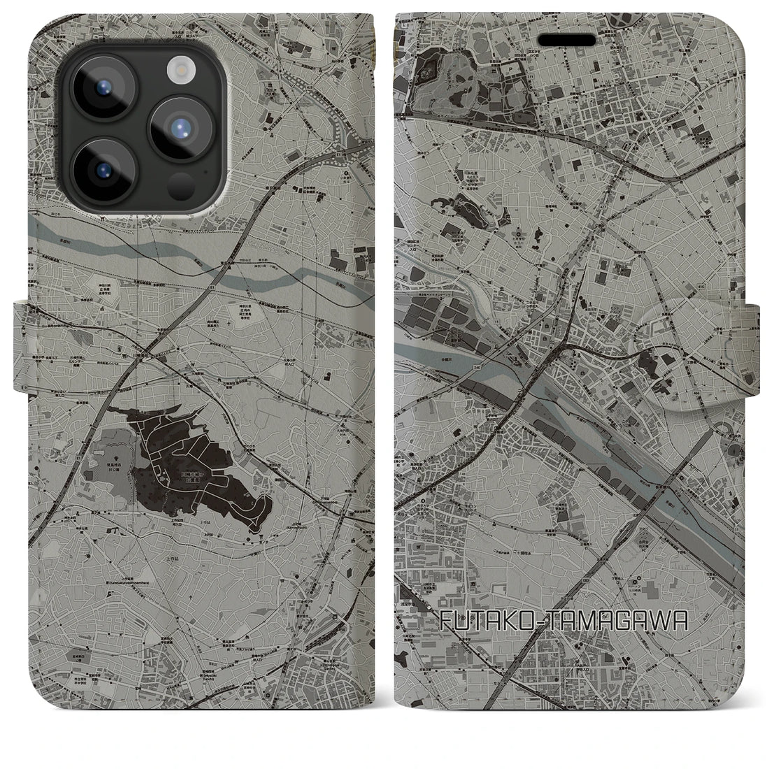 【二子玉川】地図柄iPhoneケース（手帳両面タイプ・モノトーン）iPhone 15 Pro Max 用