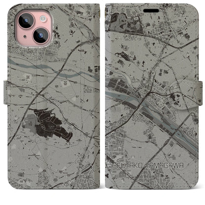 【二子玉川（東京都）】地図柄iPhoneケース（手帳タイプ）モノトーン・iPhone 15 Plus 用