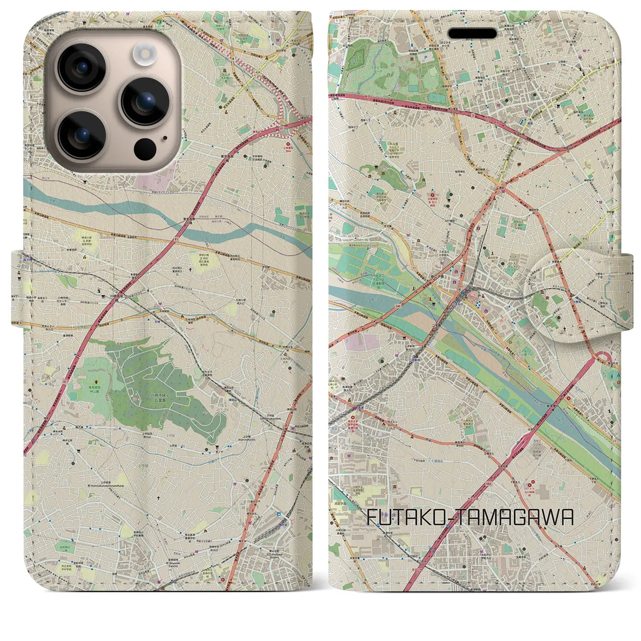 【二子玉川（東京都）】地図柄iPhoneケース（手帳タイプ）ナチュラル・iPhone 16 Plus 用