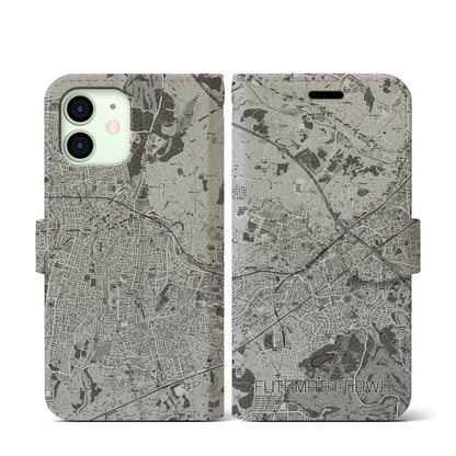 【二俣川（神奈川県）】地図柄iPhoneケース（手帳タイプ）モノトーン・iPhone 12 mini 用