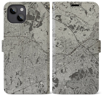 【二俣川（神奈川県）】地図柄iPhoneケース（手帳タイプ）モノトーン・iPhone 14 Plus 用