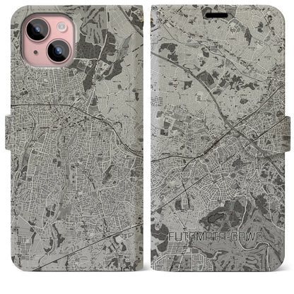 【二俣川（神奈川県）】地図柄iPhoneケース（手帳タイプ）モノトーン・iPhone 15 Plus 用