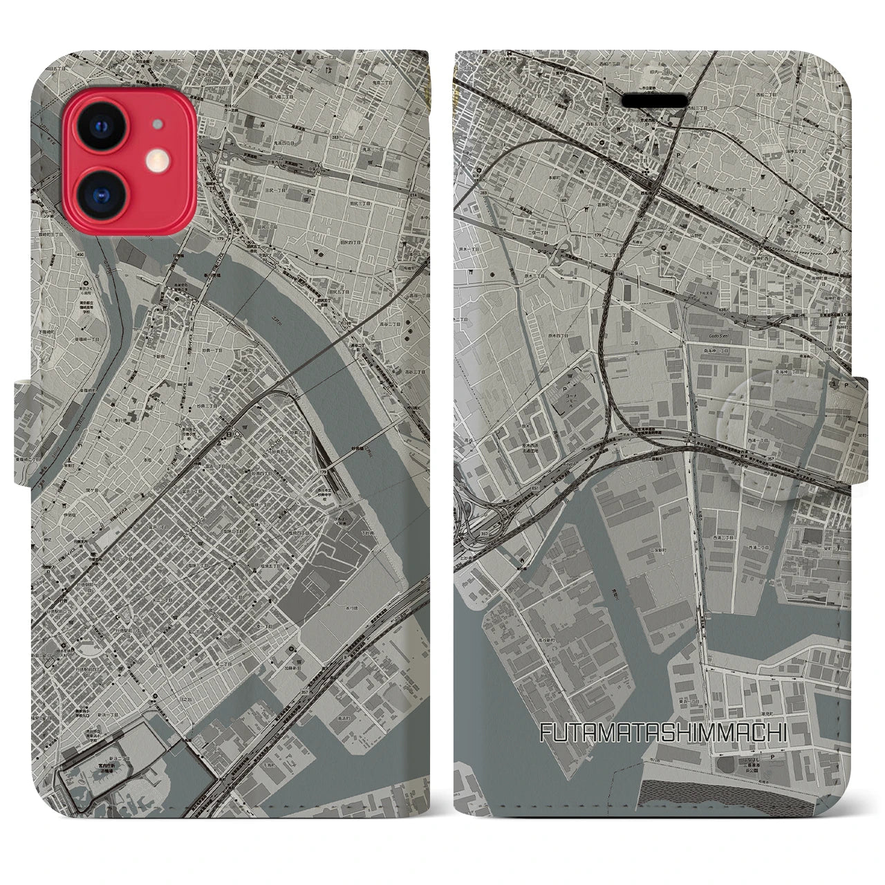 【二俣新町】地図柄iPhoneケース（手帳両面タイプ・モノトーン）iPhone 11 用