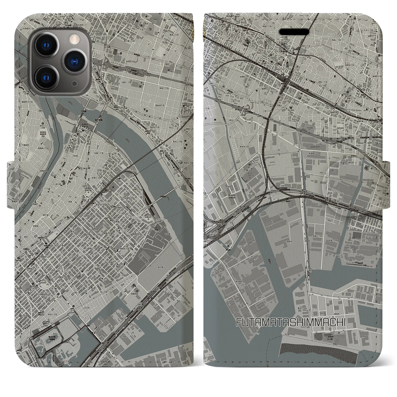 【二俣新町】地図柄iPhoneケース（手帳両面タイプ・モノトーン）iPhone 11 Pro Max 用