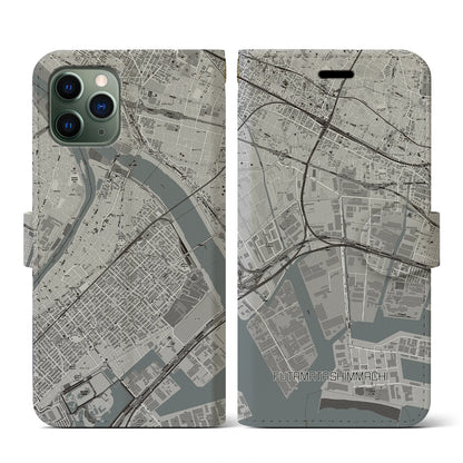 【二俣新町（千葉県）】地図柄iPhoneケース（手帳タイプ）モノトーン・iPhone 11 Pro 用