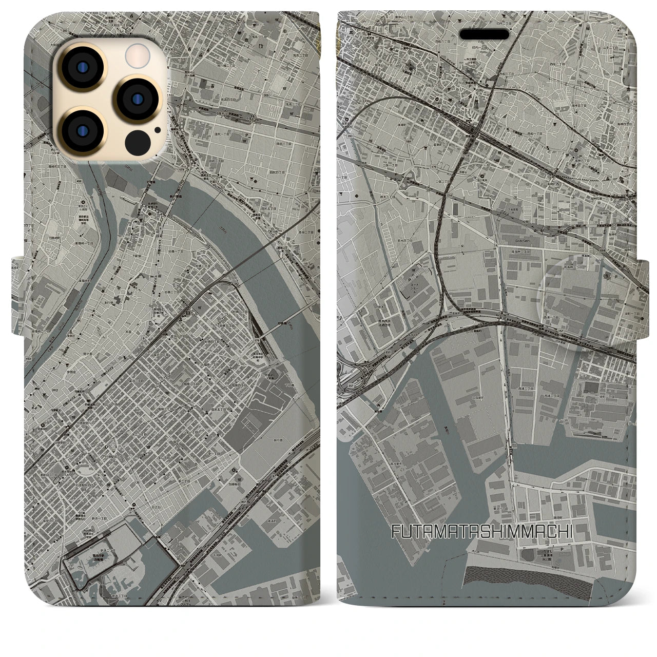 【二俣新町】地図柄iPhoneケース（手帳両面タイプ・モノトーン）iPhone 12 Pro Max 用