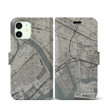 【二俣新町（千葉県）】地図柄iPhoneケース（手帳タイプ）モノトーン・iPhone 12 mini 用