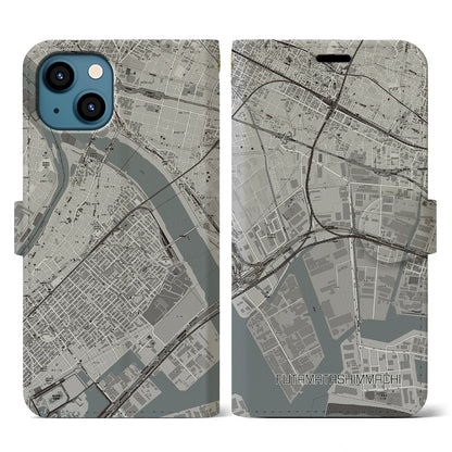 【二俣新町（千葉県）】地図柄iPhoneケース（手帳タイプ）モノトーン・iPhone 13 用