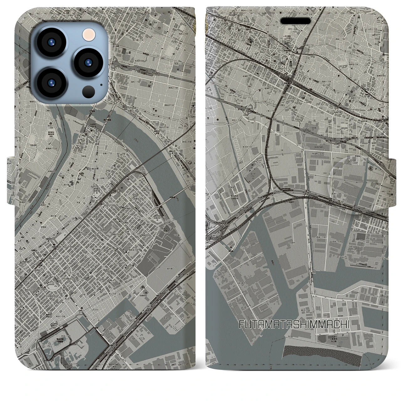 【二俣新町】地図柄iPhoneケース（手帳両面タイプ・モノトーン）iPhone 13 Pro Max 用