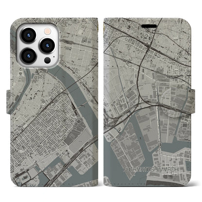 【二俣新町（千葉県）】地図柄iPhoneケース（手帳タイプ）モノトーン・iPhone 13 Pro 用