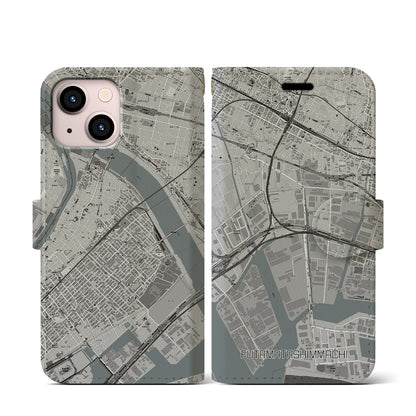 【二俣新町（千葉県）】地図柄iPhoneケース（手帳タイプ）モノトーン・iPhone 13 mini 用