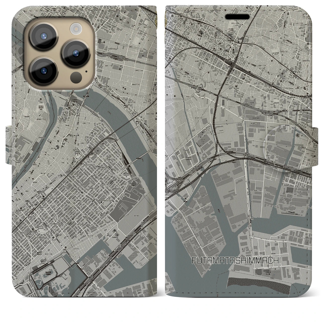 【二俣新町】地図柄iPhoneケース（手帳両面タイプ・モノトーン）iPhone 14 Pro Max 用