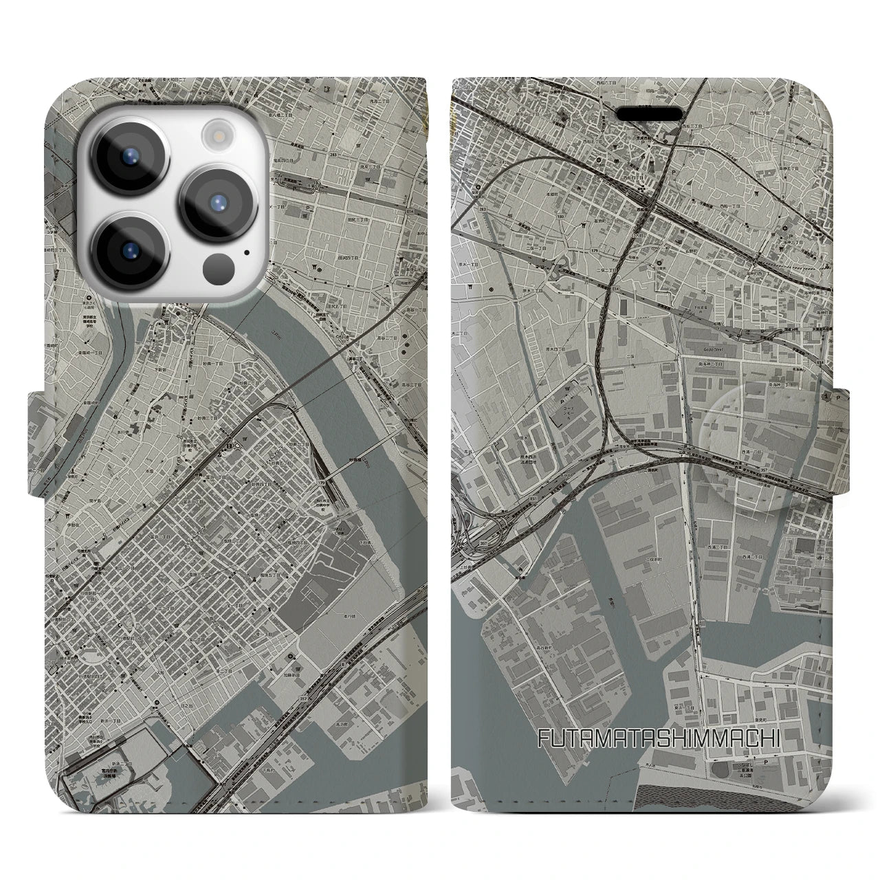 【二俣新町】地図柄iPhoneケース（手帳両面タイプ・モノトーン）iPhone 14 Pro 用