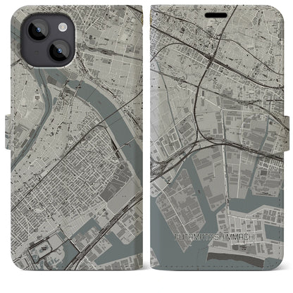 【二俣新町（千葉県）】地図柄iPhoneケース（手帳タイプ）モノトーン・iPhone 14 Plus 用