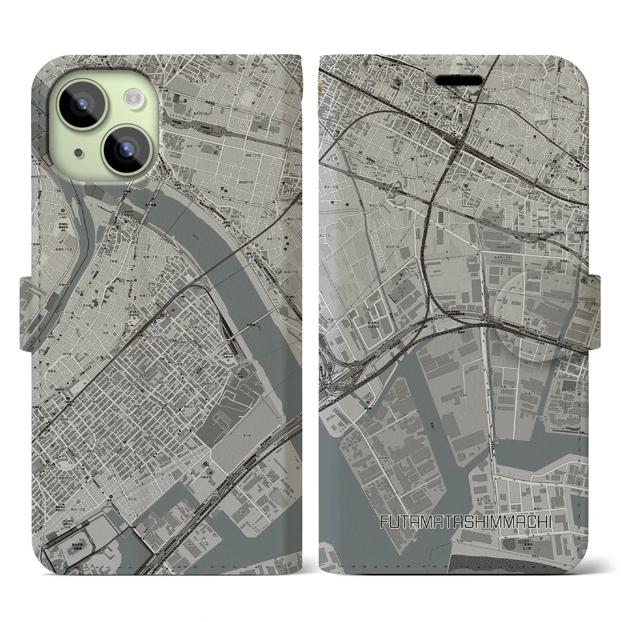 【二俣新町】地図柄iPhoneケース（手帳両面タイプ・モノトーン）iPhone 15 用