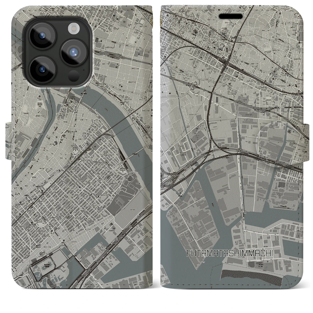 【二俣新町】地図柄iPhoneケース（手帳両面タイプ・モノトーン）iPhone 15 Pro Max 用