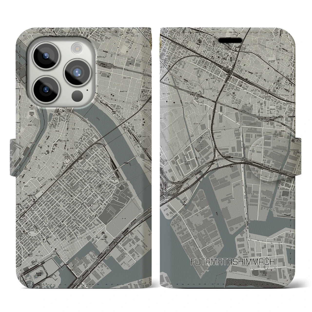 【二俣新町】地図柄iPhoneケース（手帳両面タイプ・モノトーン）iPhone 15 Pro 用
