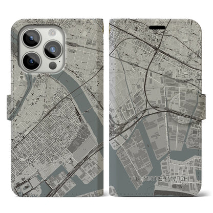 【二俣新町（千葉県）】地図柄iPhoneケース（手帳タイプ）モノトーン・iPhone 15 Pro 用