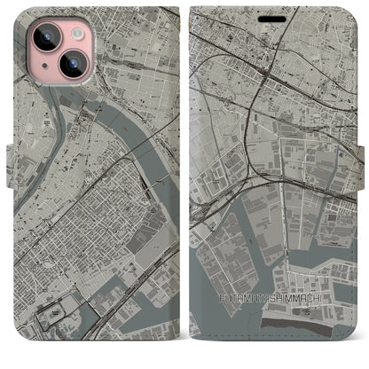 【二俣新町（千葉県）】地図柄iPhoneケース（手帳タイプ）モノトーン・iPhone 15 Plus 用