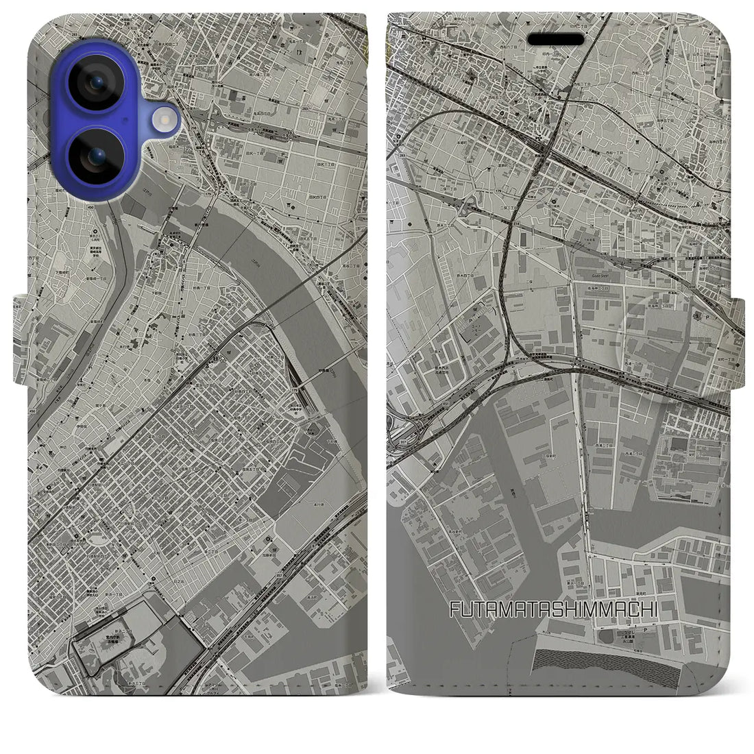 【二俣新町(千葉県)】地図柄iPhoneケース(手帳タイプ)モノトーン・iPhone 16 Pro Max 用