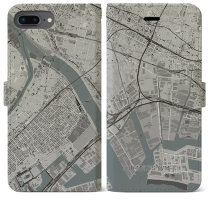 【二俣新町（千葉県）】地図柄iPhoneケース（手帳タイプ）モノトーン・iPhone 8Plus /7Plus / 6sPlus / 6Plus 用
