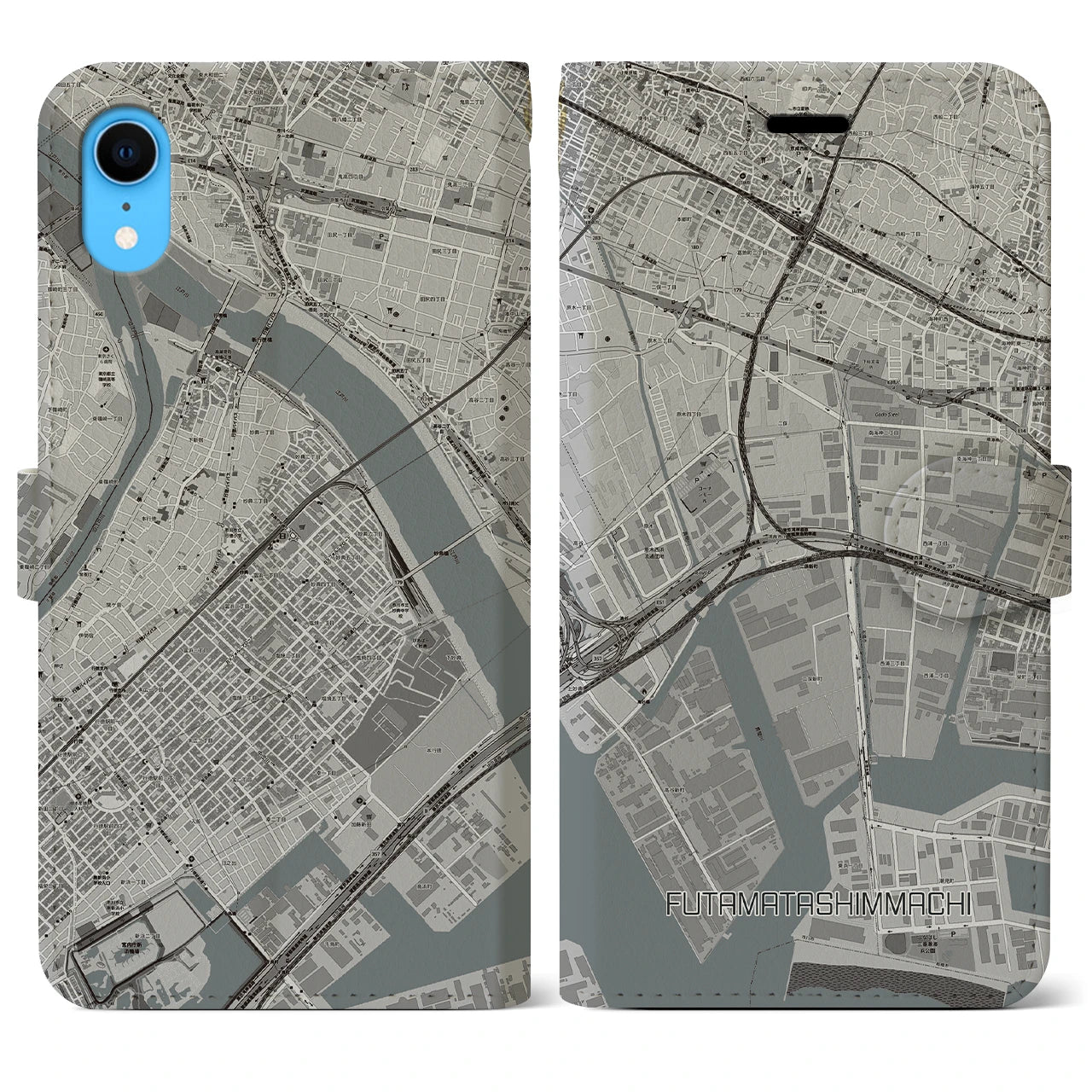 【二俣新町】地図柄iPhoneケース（手帳両面タイプ・モノトーン）iPhone XR 用