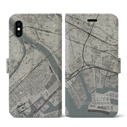 【二俣新町（千葉県）】地図柄iPhoneケース（手帳タイプ）モノトーン・iPhone XS / X 用