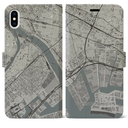 【二俣新町（千葉県）】地図柄iPhoneケース（手帳タイプ）モノトーン・iPhone XS Max 用