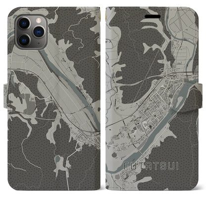 【二ツ井（秋田県）】地図柄iPhoneケース（手帳タイプ）モノトーン・iPhone 11 Pro Max 用