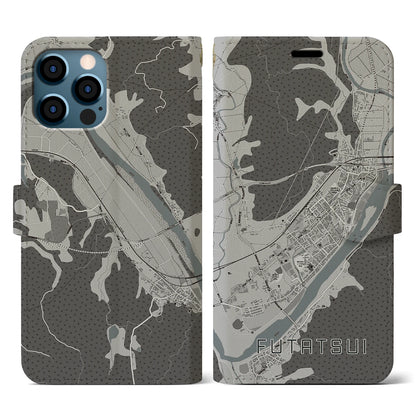 【二ツ井（秋田県）】地図柄iPhoneケース（手帳タイプ）モノトーン・iPhone 12 / 12 Pro 用