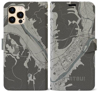 【二ツ井（秋田県）】地図柄iPhoneケース（手帳タイプ）モノトーン・iPhone 12 Pro Max 用