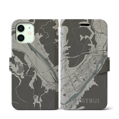 【二ツ井（秋田県）】地図柄iPhoneケース（手帳タイプ）モノトーン・iPhone 12 mini 用