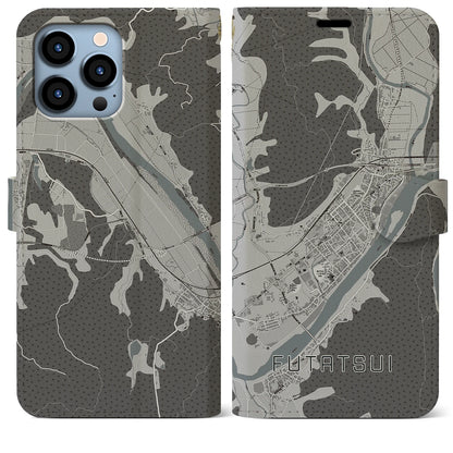 【二ツ井（秋田県）】地図柄iPhoneケース（手帳タイプ）モノトーン・iPhone 13 Pro Max 用