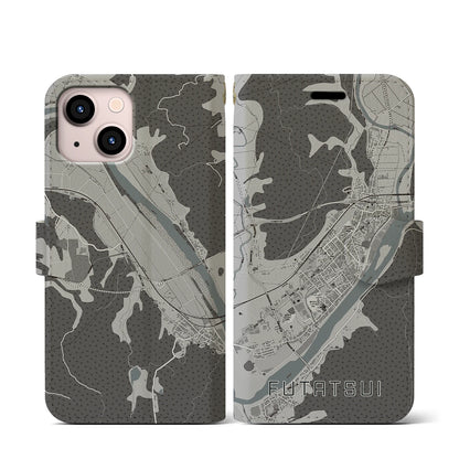 【二ツ井（秋田県）】地図柄iPhoneケース（手帳タイプ）モノトーン・iPhone 13 mini 用