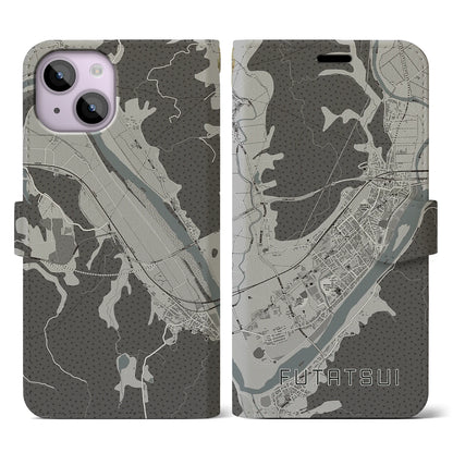 【二ツ井（秋田県）】地図柄iPhoneケース（手帳タイプ）モノトーン・iPhone 14 用