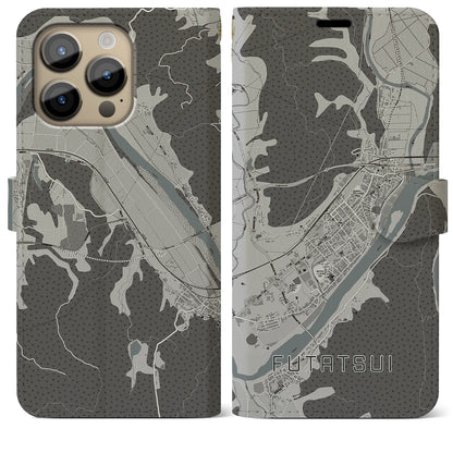 【二ツ井（秋田県）】地図柄iPhoneケース（手帳タイプ）モノトーン・iPhone 14 Pro Max 用