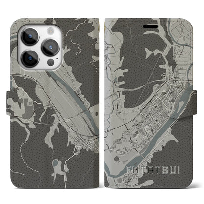 【二ツ井（秋田県）】地図柄iPhoneケース（手帳タイプ）モノトーン・iPhone 14 Pro 用