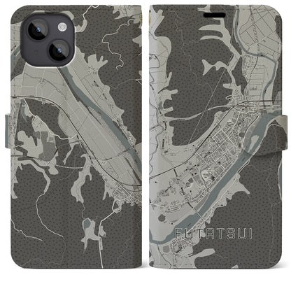 【二ツ井（秋田県）】地図柄iPhoneケース（手帳タイプ）モノトーン・iPhone 14 Plus 用