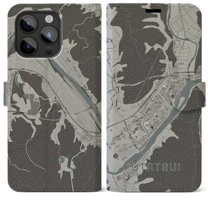 【二ツ井（秋田県）】地図柄iPhoneケース（手帳タイプ）モノトーン・iPhone 15 Pro Max 用