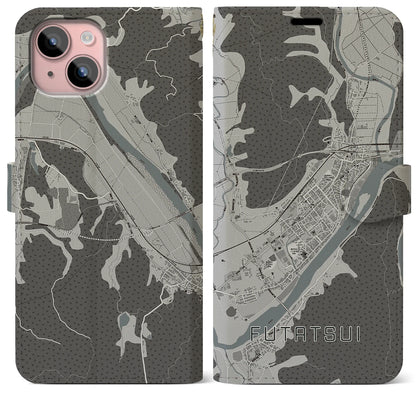 【二ツ井（秋田県）】地図柄iPhoneケース（手帳タイプ）モノトーン・iPhone 15 Plus 用