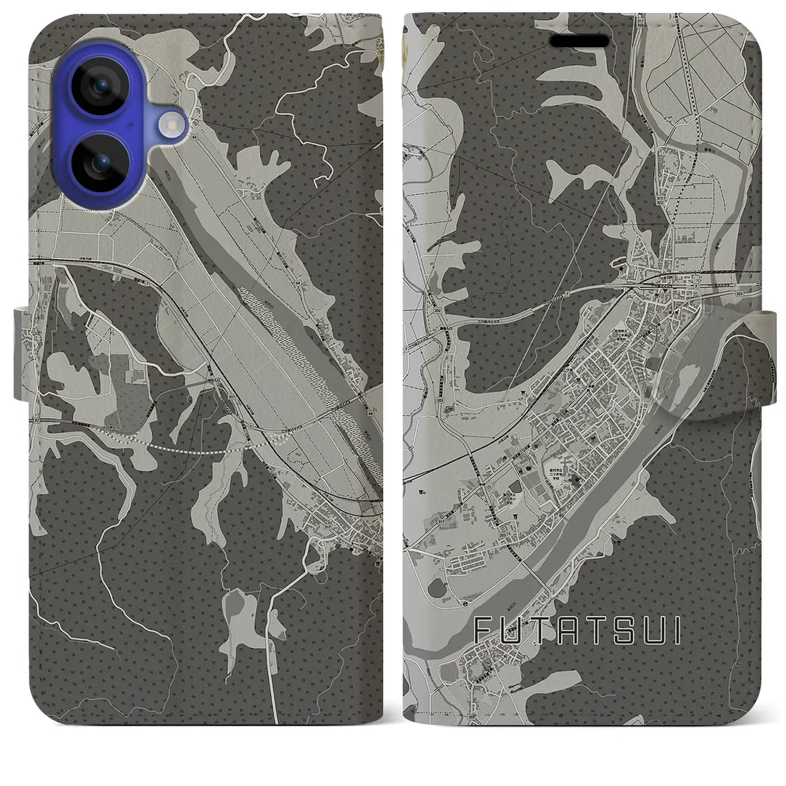 【二ツ井(秋田県)】地図柄iPhoneケース(手帳タイプ)モノトーン・iPhone 16 Pro Max 用