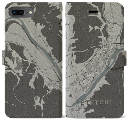 【二ツ井（秋田県）】地図柄iPhoneケース（手帳タイプ）モノトーン・iPhone 8Plus /7Plus / 6sPlus / 6Plus 用