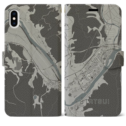 【二ツ井（秋田県）】地図柄iPhoneケース（手帳タイプ）モノトーン・iPhone XS Max 用