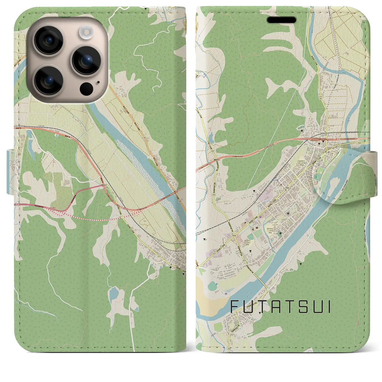 【二ツ井（秋田県）】地図柄iPhoneケース（手帳タイプ）ナチュラル・iPhone 16 Plus 用