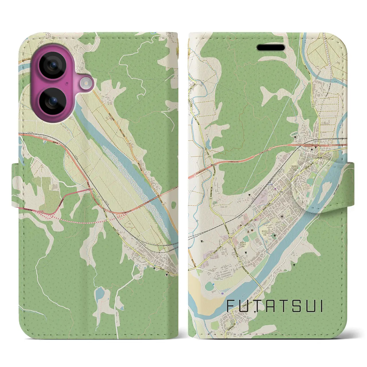 【二ツ井（秋田県）】地図柄iPhoneケース（手帳タイプ）ナチュラル・iPhone 16 Pro 用